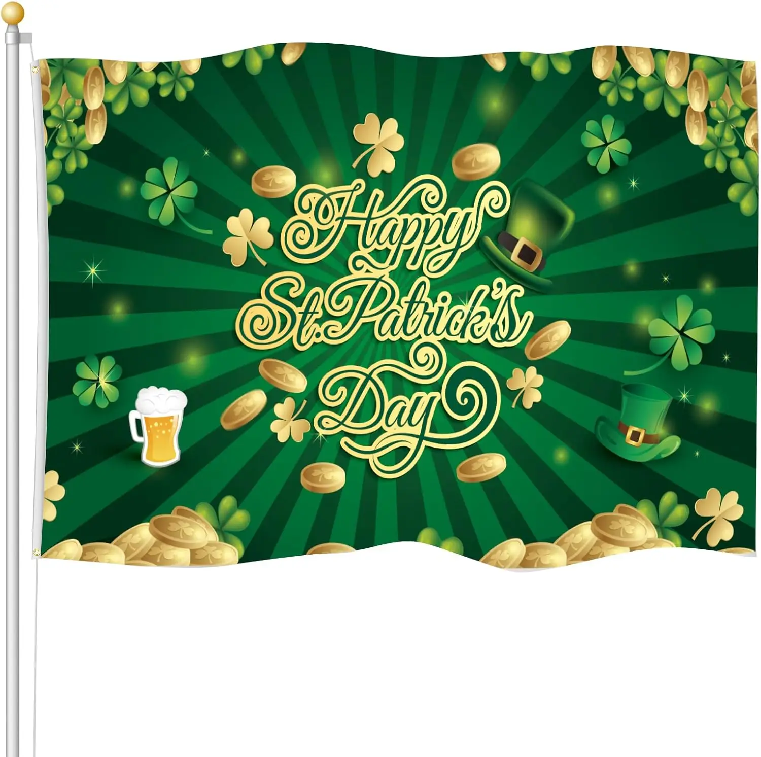 

Happy St. Patrick's Day Flag Ireland Shamrock Flag Saint Patty's Day Banner Vivid Color and Polyester Double Stitched