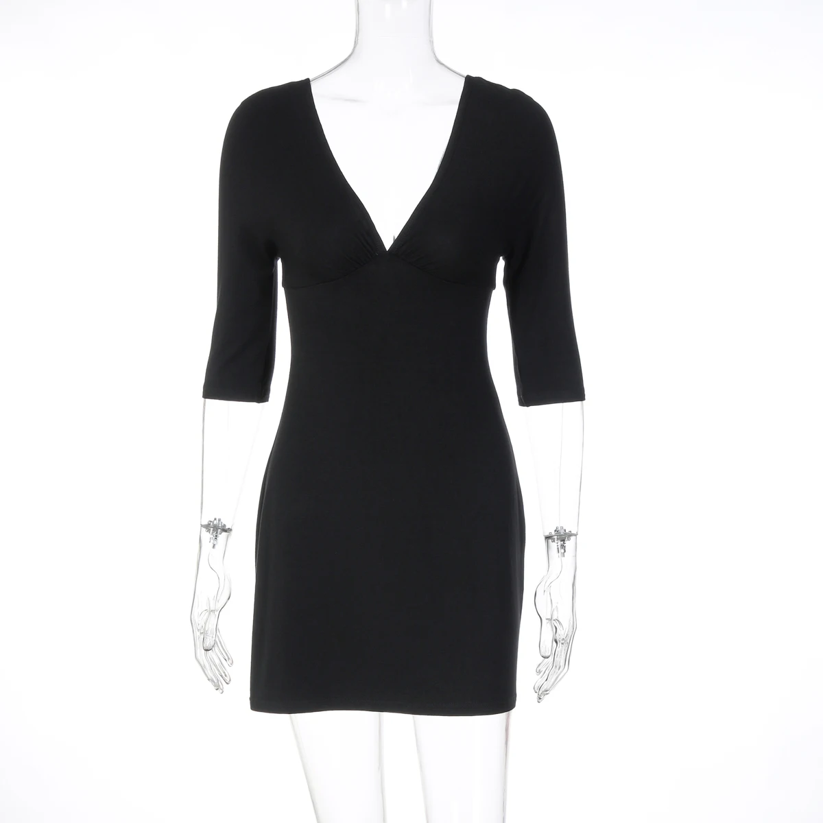 Hugcitar Elegantes, einfarbiges, kurzärmliges, rückenfreies, sexy, figurbetontes Minikleid mit V-Ausschnitt für Herbst und Frühling, Damenkleidung, Geburtstagsfeier, Urlaub – Detail 2