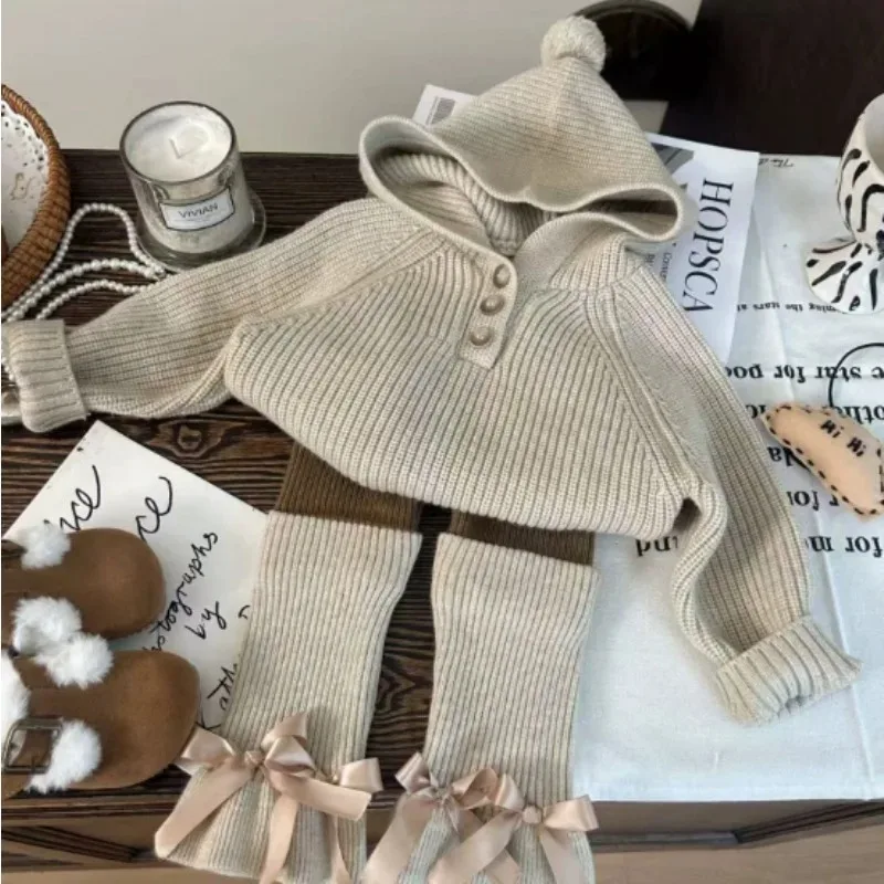 Korean Children's Clothing Set Solid Color 2025 New Autumn Hooded Knitted Sweater Woolen Base Pants Stacked Socks Two-piece Set