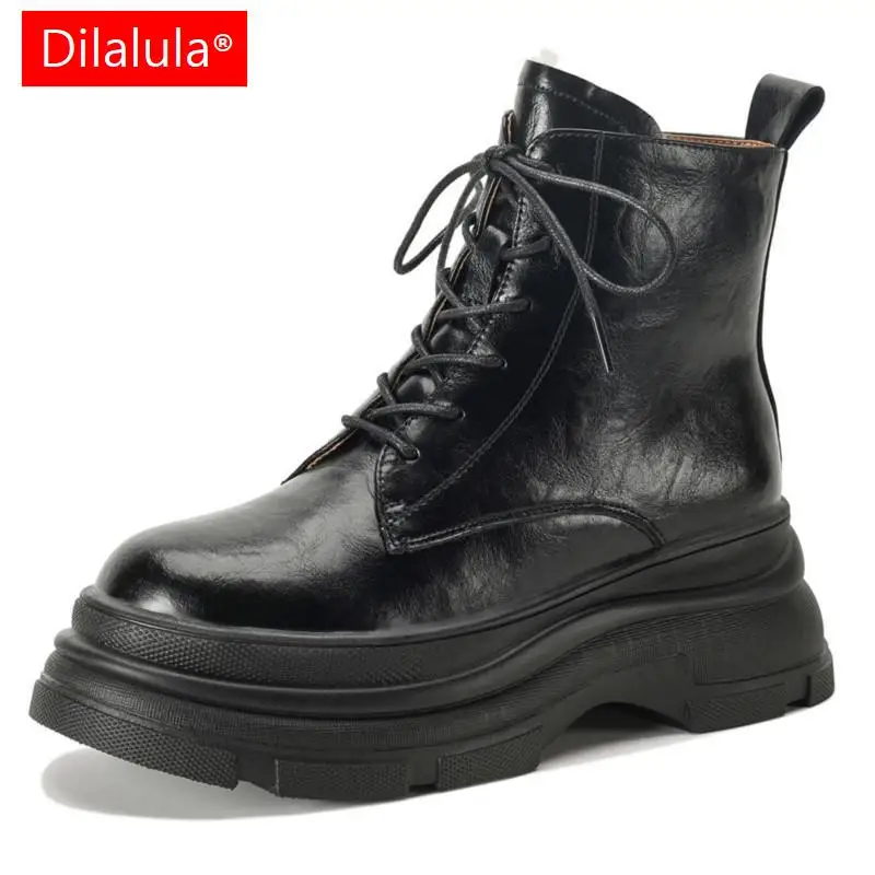 Dilalula Leisure Cross-Tied Women Ankle Boots Winter Wool Warm Snow Boots Genuine Leather Side Zipper Casual Working Shoes Woman