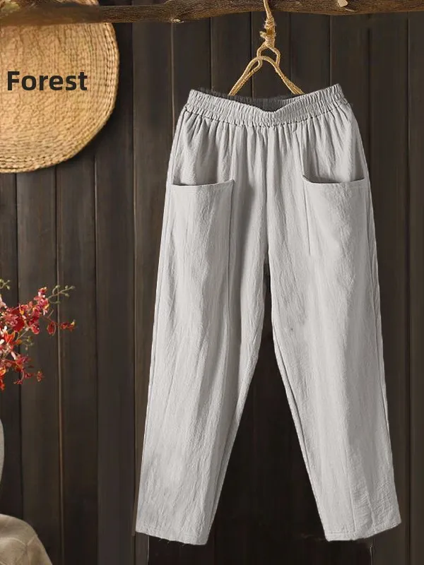 Cotton Linen Casual Pants Women's Thin New 2025 Loose Harlan Nine Points Pants Mom's Casual Trousers High Waist Elastic