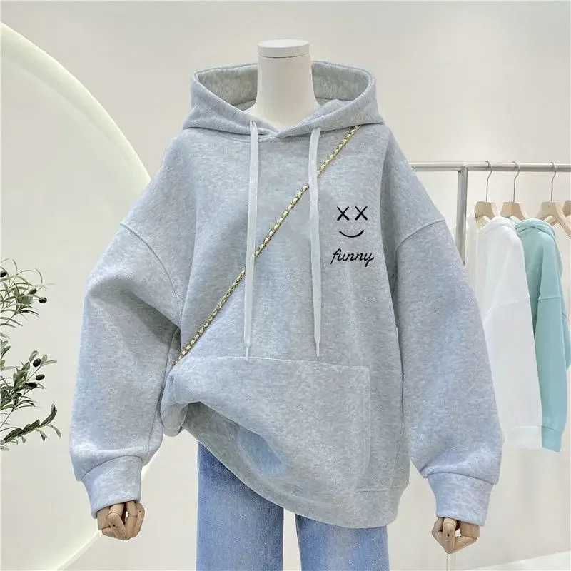 Women's Smiling Face Print Sweatshirt, Loose Pocket, Warm Fleece Pullover, Simple Fashion, Cute, Autumn, Winter, New, 2021