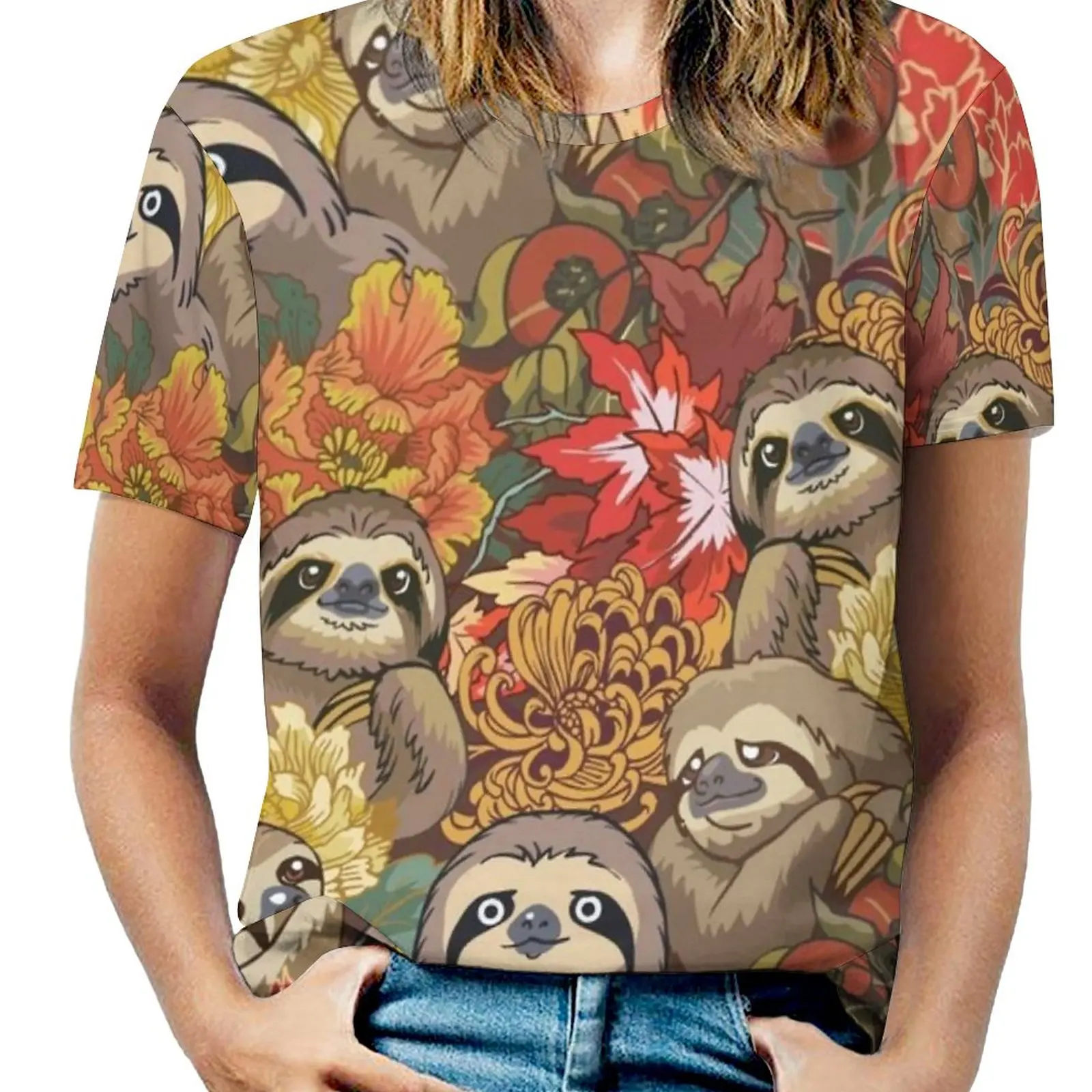 Weil Sloths Herbst Neue Mode Zip Off Schulter Top Kurze-Hülse Frauen Hemd Sloth Blume Herbst