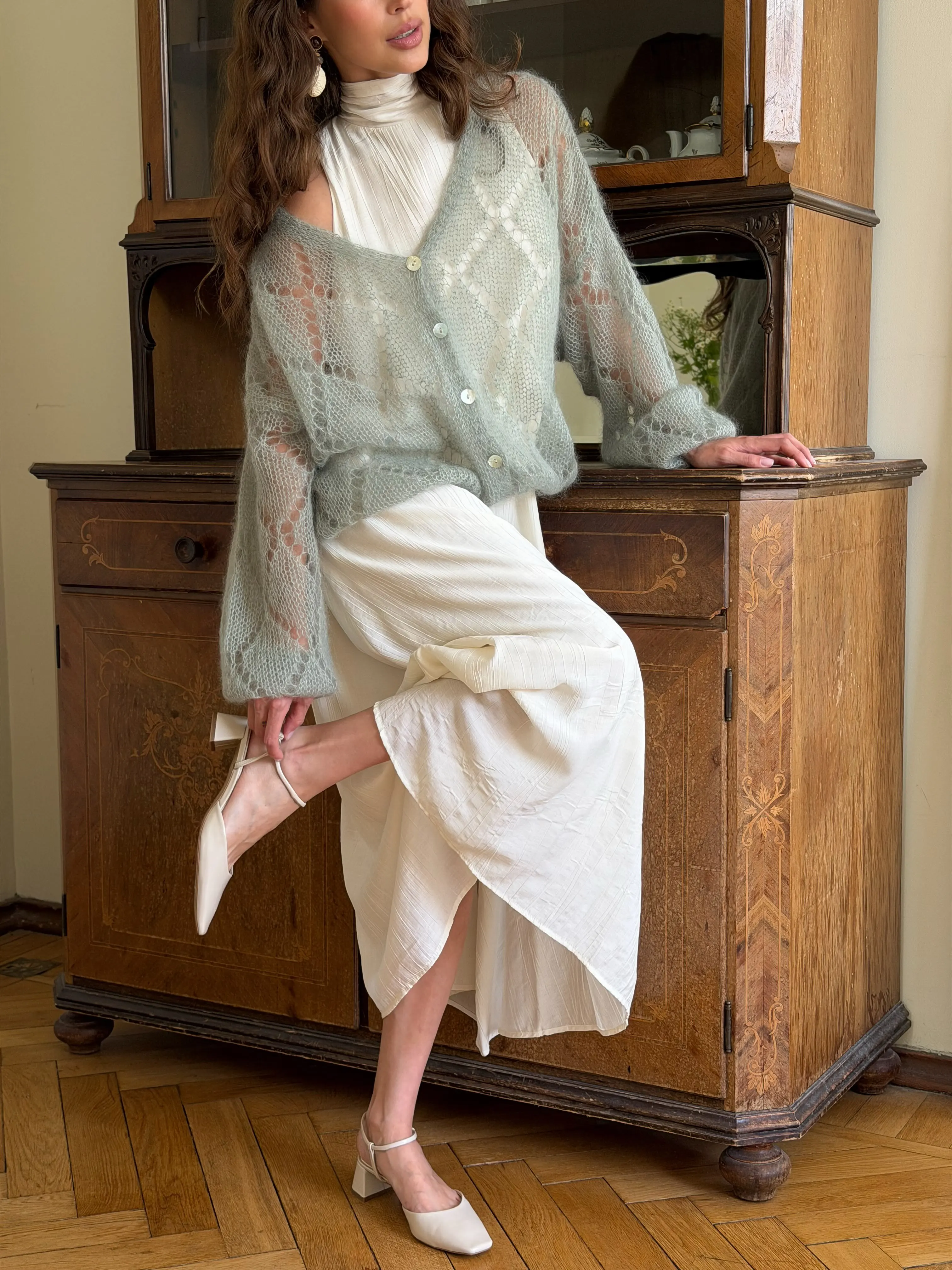 2026 New French Boho Mohair Knitted Cardigan for Women V Neck Loose Fit Long Sleeve Button Sheer Sweater Outerwear Cardigans view 6