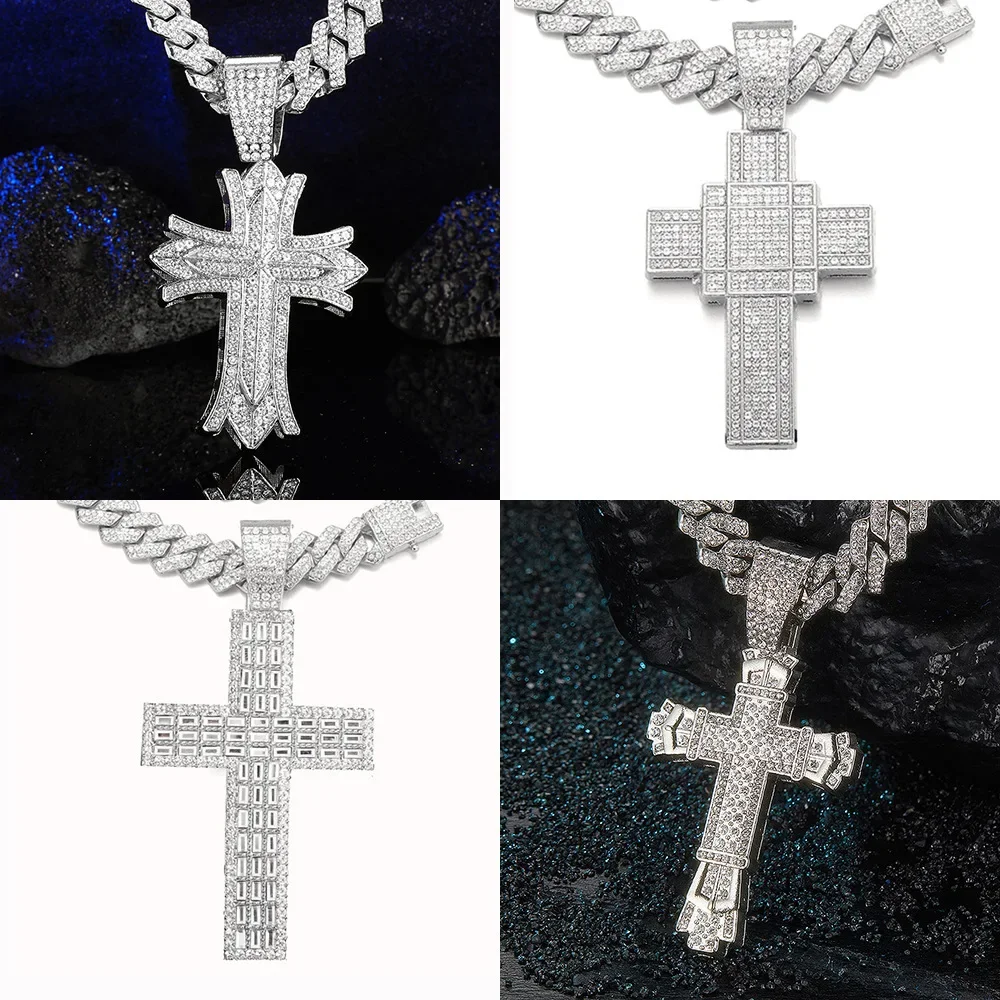 

Men Women Shiny Cross Pendant Necklace With Miami Cuban Chain Link Hip Hop Iced Out Bling Fashion Exquisite Charm Jewelry Gift