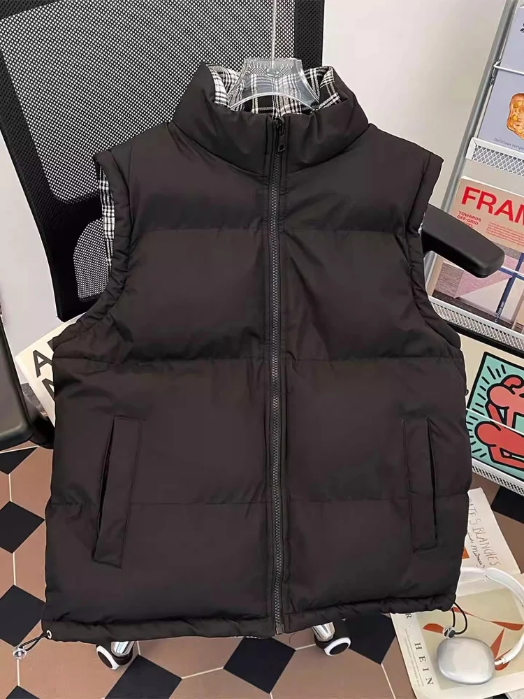 Winter Reversible Down Vest Men Solid/Checkered Two-Way Stand-Collar Jacket Padded Sleeveless Outerwear Sports Casual Vest