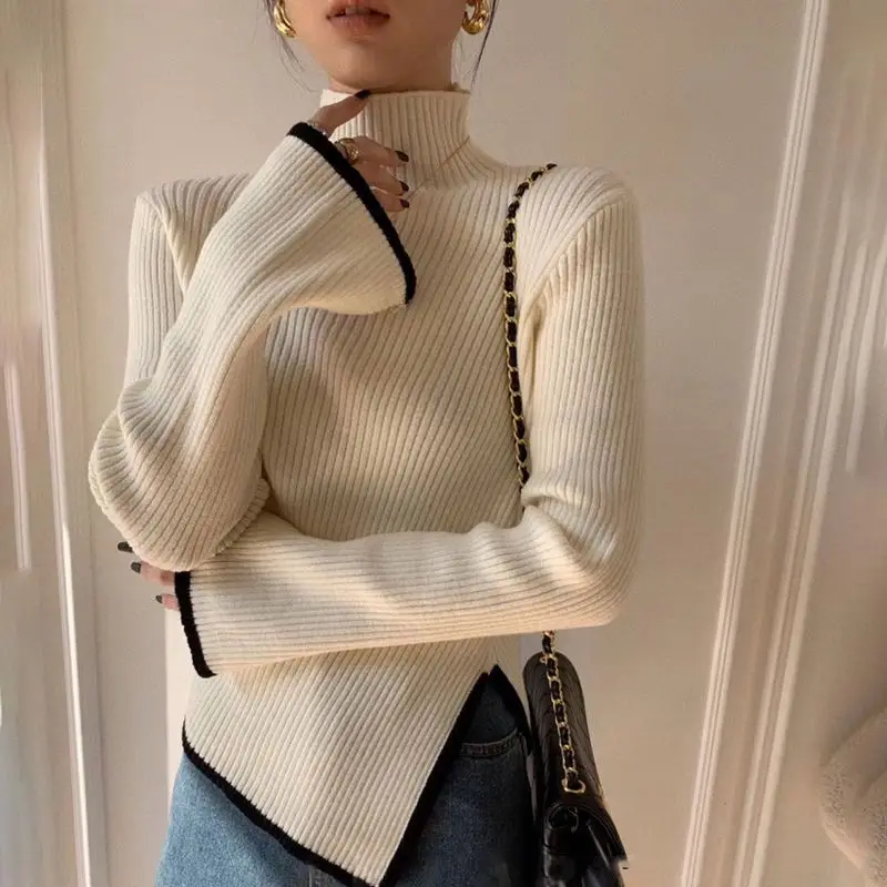 Elegant Korean Fashion Turtleneck Contrast Color Basic Knitted Sweater Autumn Winter Women\'s Slim Asymmetry Top Pullovers Jumper