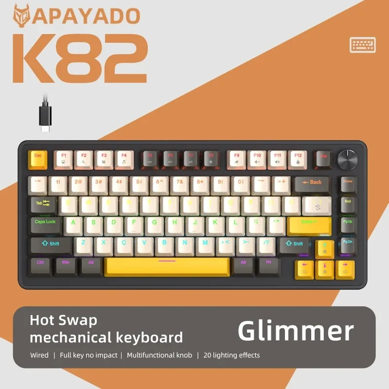 APAYADO K82 Wired Mechanical Keyboard, 82 Keys, Hot-Swappable, RGB, Control Knob