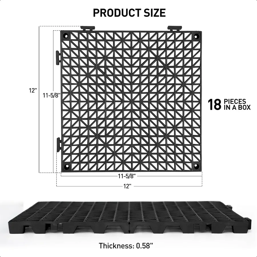 18 Pack 12" x 12" Modular Interlocking Floor Mats Soft PVC NonSlip Drainage Tiles Splicing Rubber Cushion Flooring for Deck Sho
