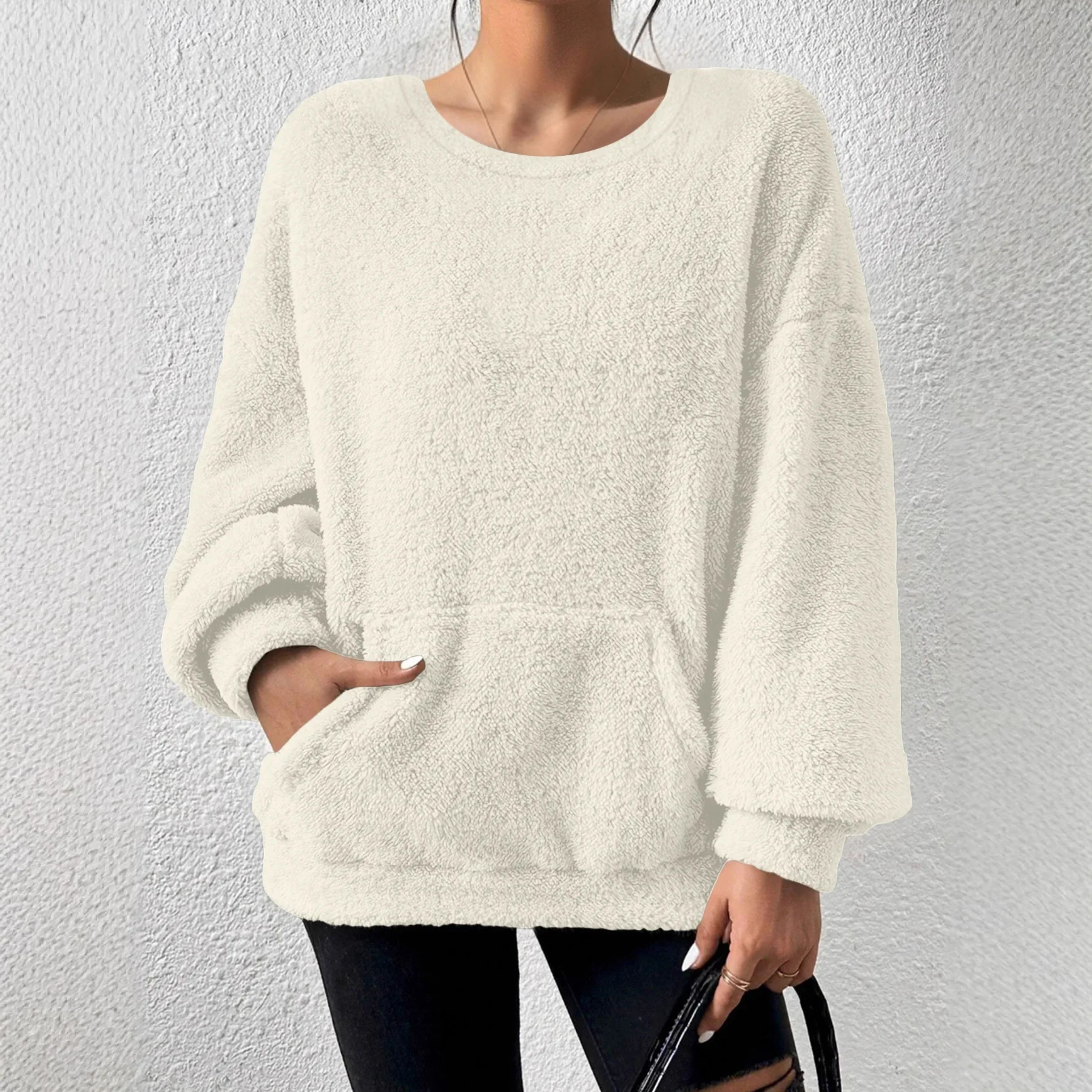 

2025 Autumn and Winter Casual Fashion Solid Color Round Neck Long Sleeved Plush Sweater