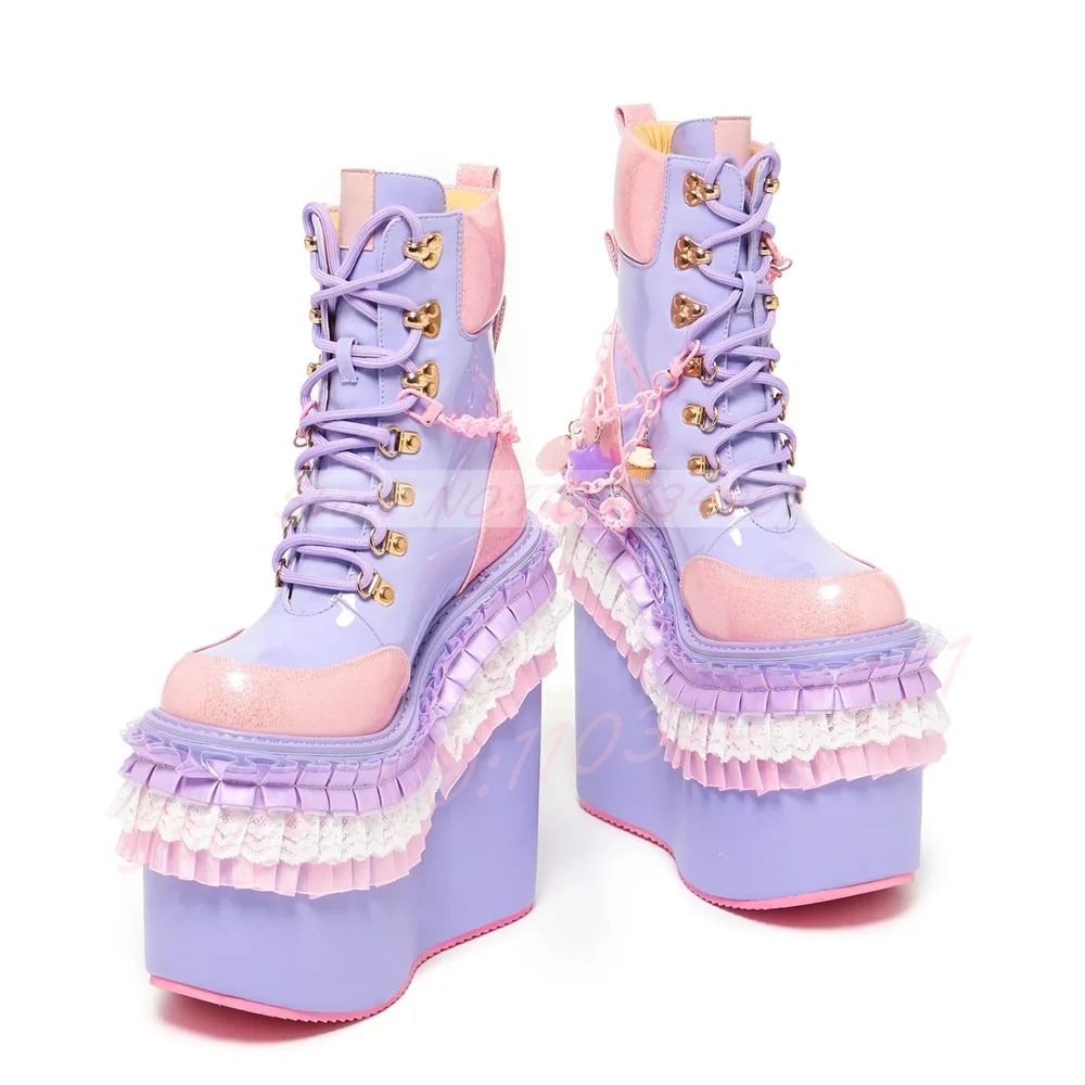 Ruffle Lace Trim Platform Boots Women Purple Pink Candy Chain Wedge Cake Shoes Lolita Festival Party High Heels Ankle Boots