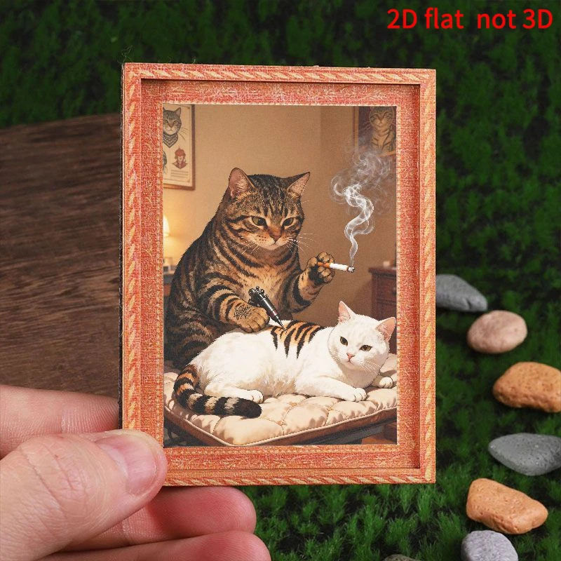 Funny Tattoo Cat Fridge Magnet, Vintage Framed Meme Art Magnetic Sticker for Kitchen Refrigerator & Home Decor