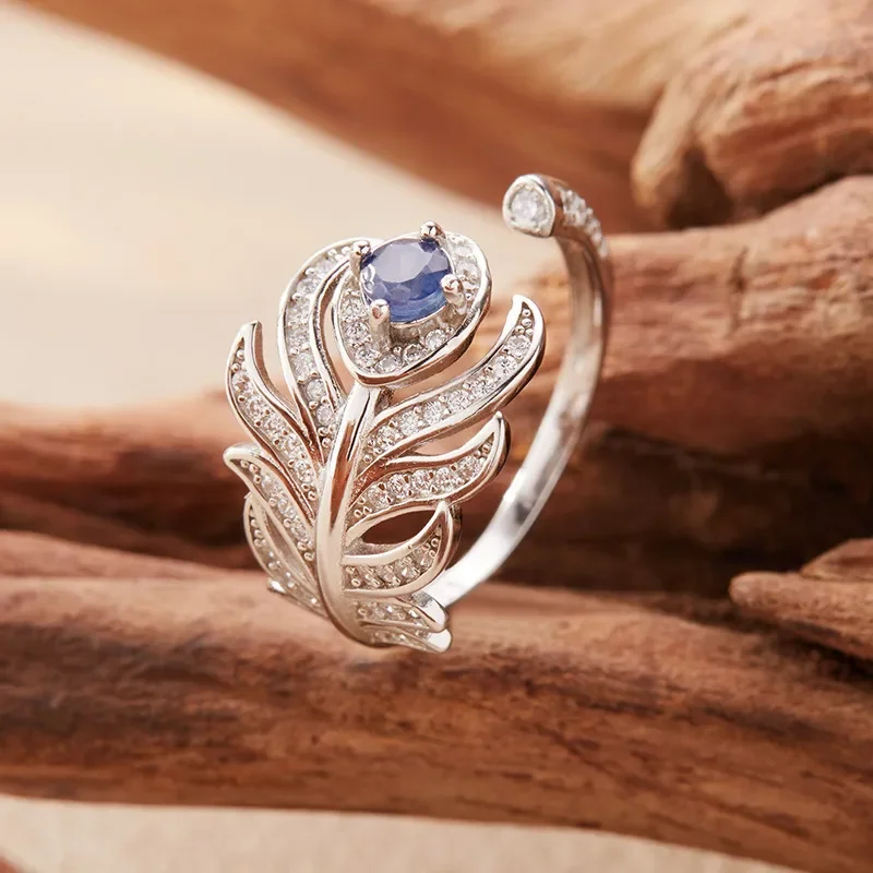 Feather Design Natural Ruby Sapphire Ring Women's S925 Silver Treasure Jewelry Live New Cross-border Wholesale