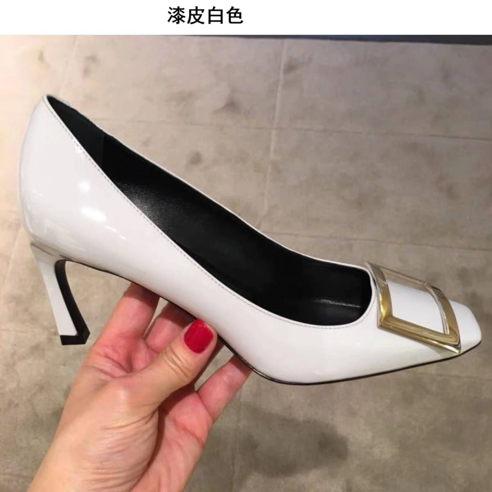 Moraima Snc Square Buckle Chunky Heels Women Pumps Fashion Office Lady Heels Black Whiter Patent Leather Dress Shoes