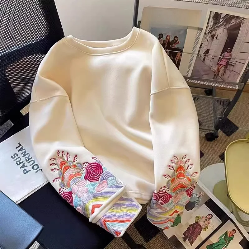 

Loose Fit Long Sve round Ne Embroidered Sweatirt ex Casual Wear Spring Autumn Chinese Sle Comfortable Streetwear