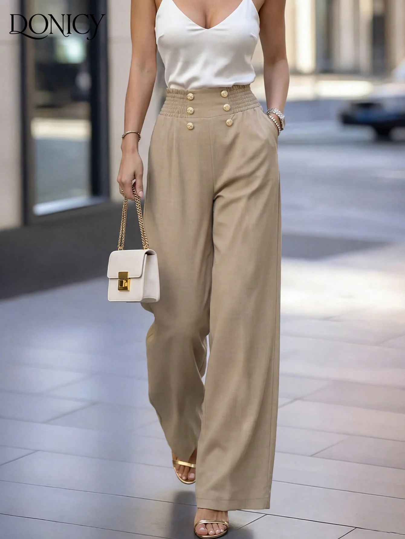 Women's Autumn and Winter Light Luxury Elegant Khaki Wide-Leg Pants with Metal Double-Row Buttons and Elastic Waist Decoration, Suitable for Business Office and Daily Casual Wear