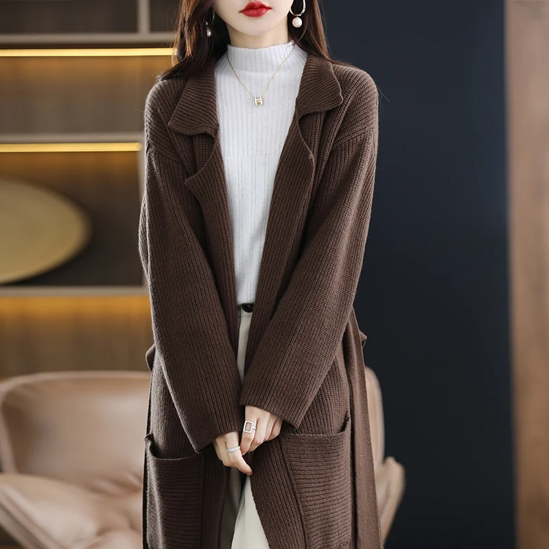 Autumn And Winter 100% Pure Wool Cardigan Mid-Length Coat Knitted Sweater Women\'s Thickened Sweater With Pockets Overcoat JQ186