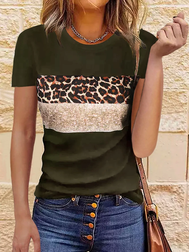 Women Summer Casual Leopard Printed Tee Shirt Casual O Neck Short Sleeve Tops Ladies Basic Classic Tee Shirt