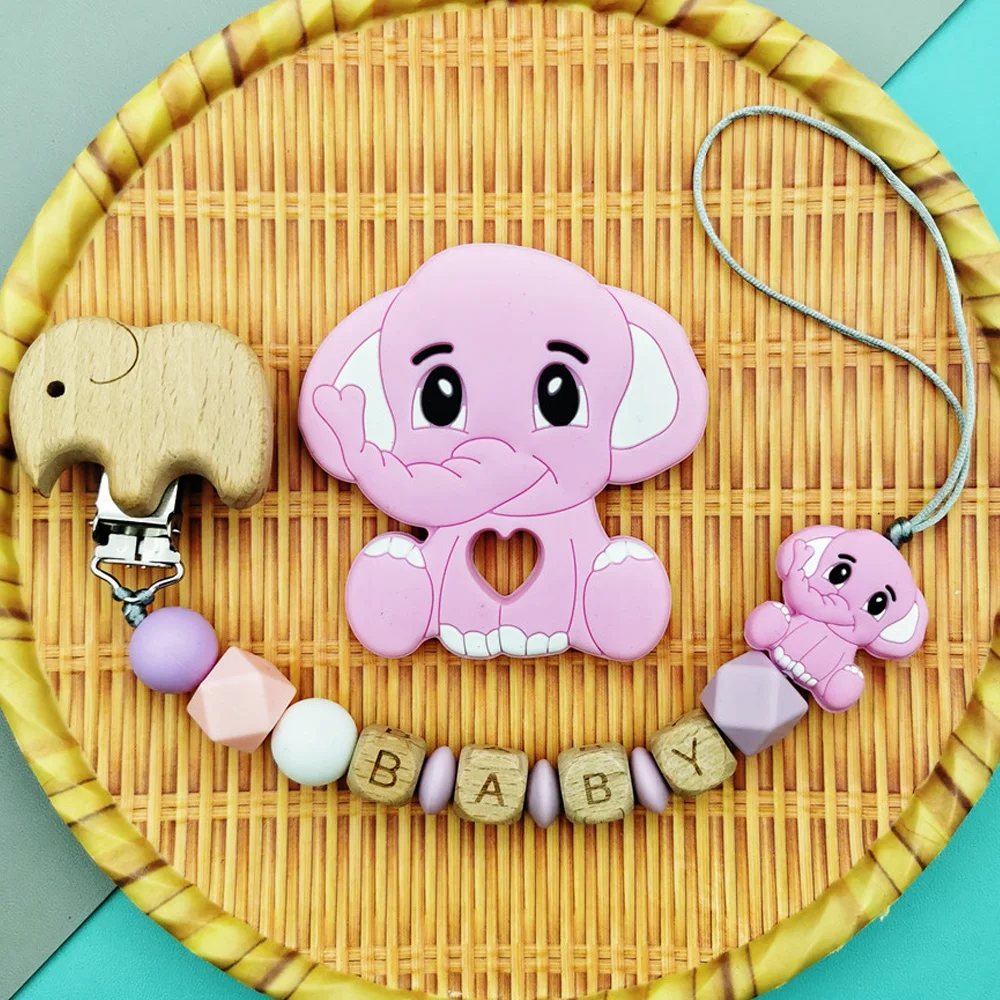 Custom English Beech Letter Names Elephant Baby Silicone Pacifier Chains Clips Teether Pendants for Infant Teether Toys Gifts