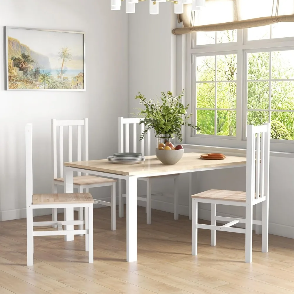 مجموعة كراسي تناول الطعام على طراز المزرعة مكونة من 4 قطع مع تصميم خلفي شرائح ومقاعد من خشب الصنوبر للمطبخ ومساحات المعيشة