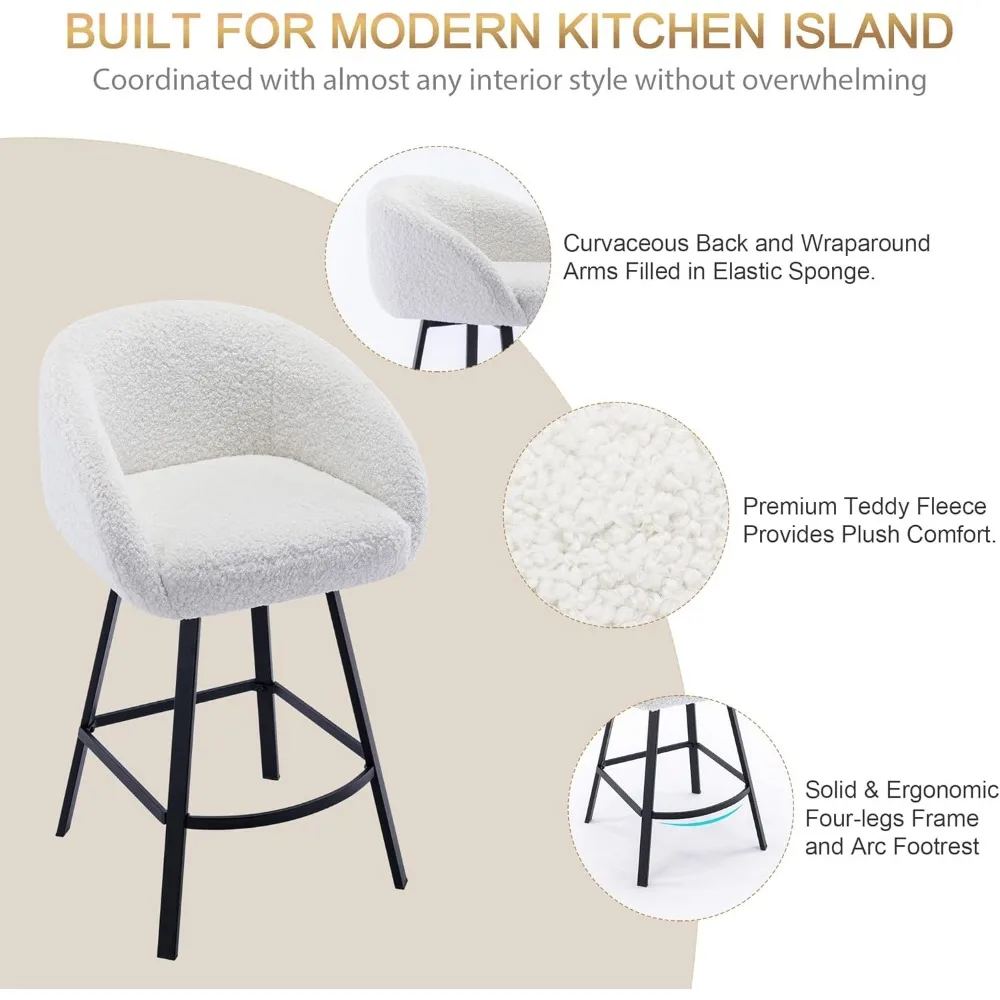 26\'\' Modern Counter Height Bar Stools Chairs Set of 2, 360 Free Swivel Barstools for Kitchen Counter, Upholstered Sherpa Counter