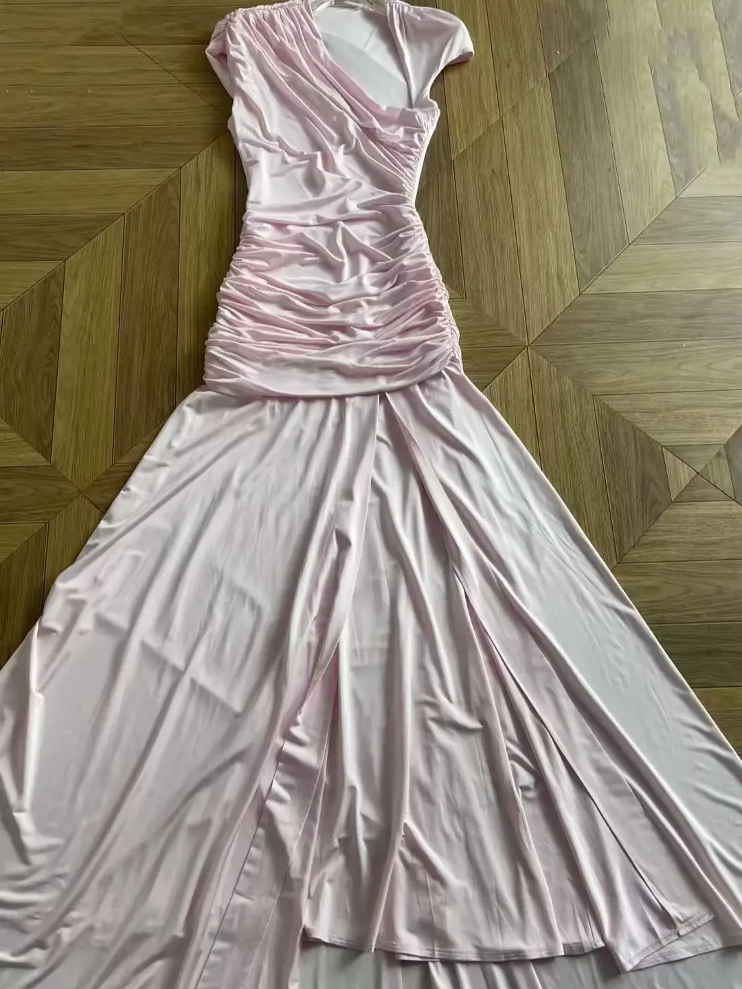

Women's Asymmetric Pink Maxi Dress Diagonal Collar Short Sleeve High Waist Elegant Ladies Pleated Robe