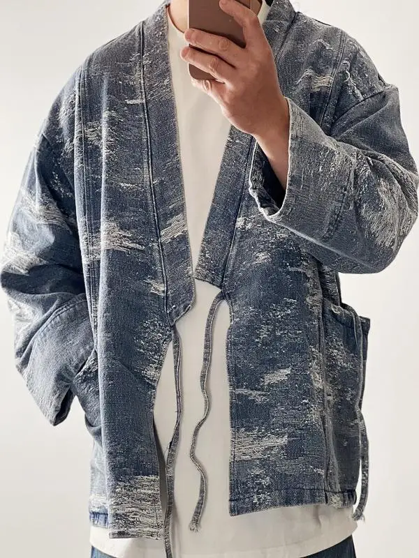 

Washed Blue Dye Wide Fit Double Pocket Robe Jacket Youth Fashion Spring Autumn Winter V-Collar Button Closure Casual Outerwear