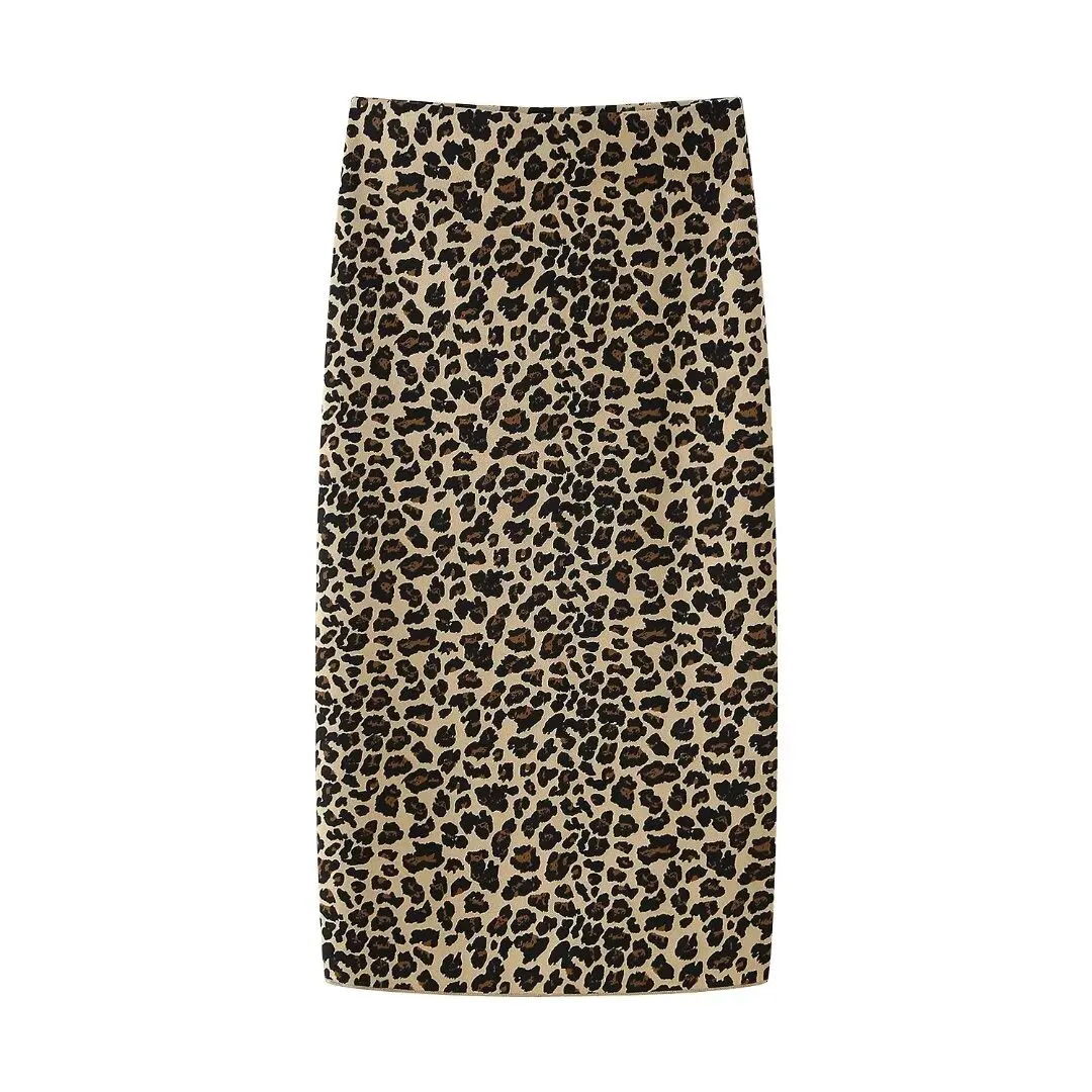 

TRAFZA Women's 2024 Chic Leopard Print Vintage Mid Length Skirt Woman High Waist Slim Casual Skirts Streetwear Mujer TRAF