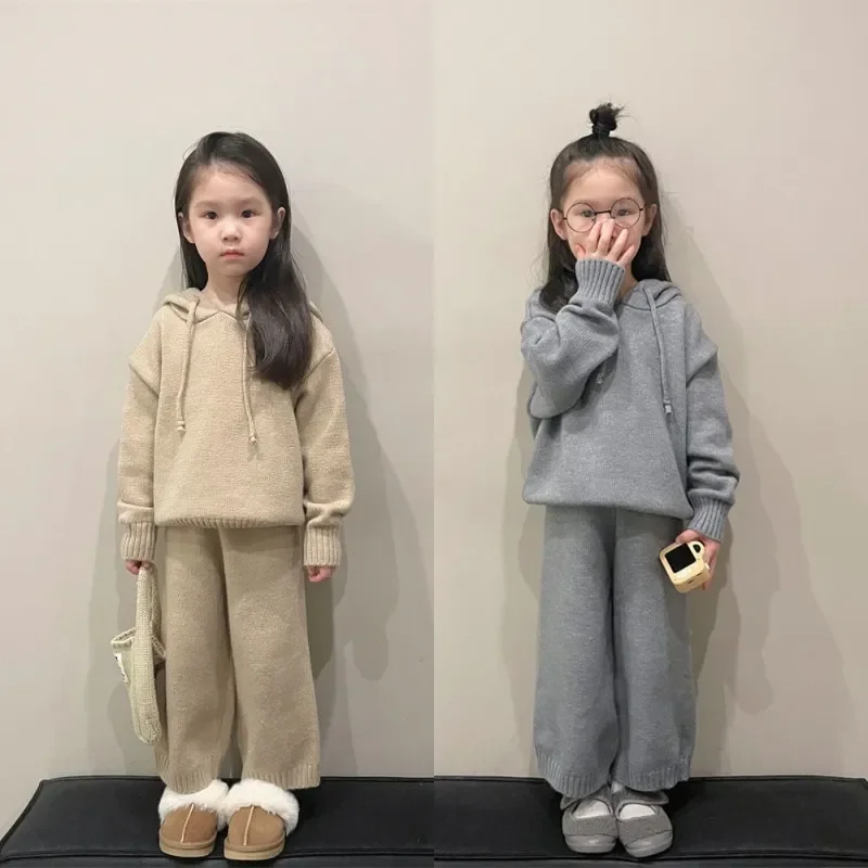 Korean Children\'s Sets Autumn Winter Girls Casual Sweater Set Hooded Knitted Coat and Pants Kids Two Piece Set Clothes