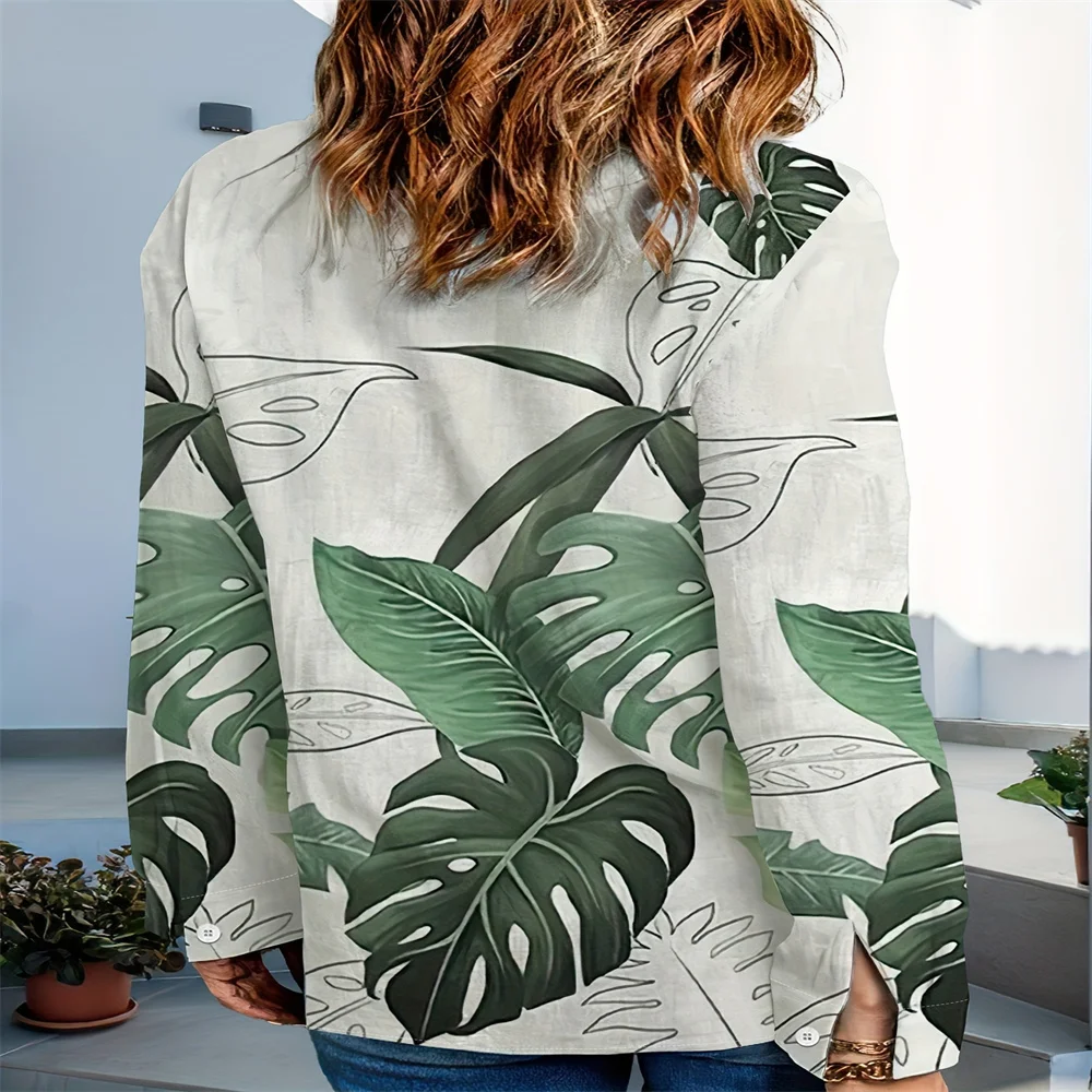 Women's Long Sleeved Shirt With Green Printed Buttons Elegant Spring And Autumn Long Sleeved Collar Shirt Suitable For Daily