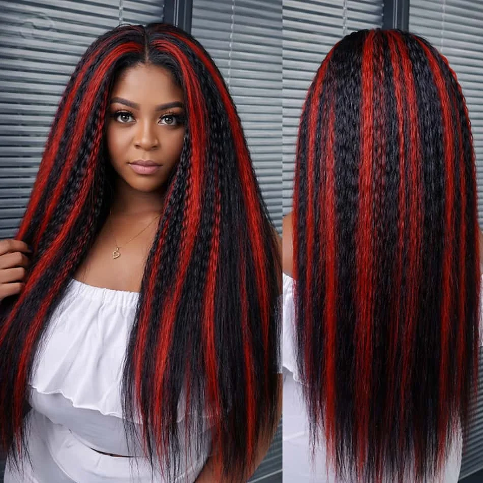 

Kinky Straight 1B/99J Omber Black With Red Highlight 13x4 HD Кружевные фронтальные парики из натуральных волос Предварительно вырезанный кружевной бесклеевой парик для женщин