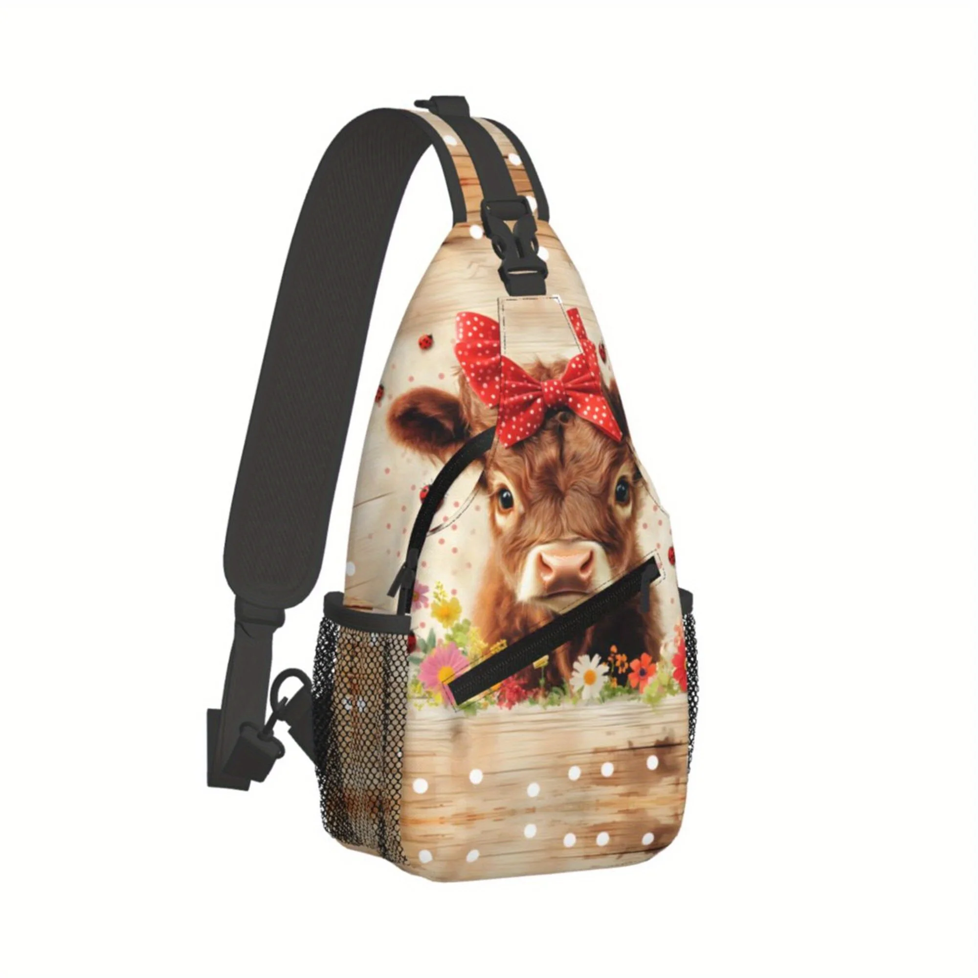 Highland Cow Crossbody Bag with Ladybugs Flowers Multi-Functional Shoulder Bag for Travel Hiking Holiday Gift Travel Sling Bag