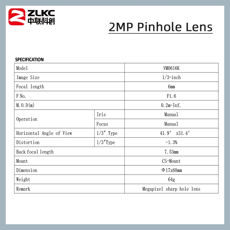 ZLKC-Objectif sténopé pour caméras de vision industrielle, Iris manuel, Monture CS, Objectif CCTV, permission à faible distorsion, 1/3 pouces, 6mm, 2MP