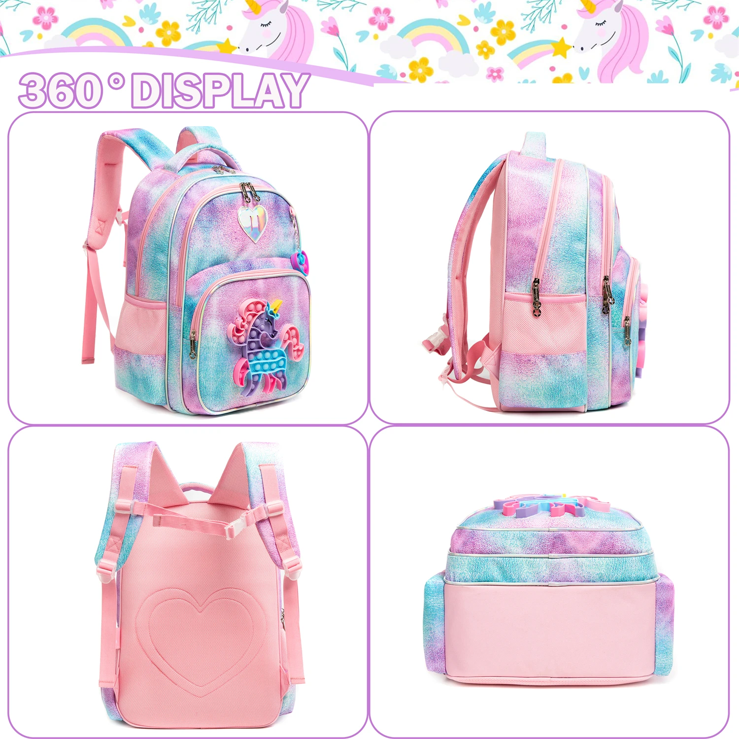 Meetbelify Backpack for Girls Kids Backpacks for Elementary Preschool Student with Lunch Box Pencil Case 3 in 1 Bookbag for Girl