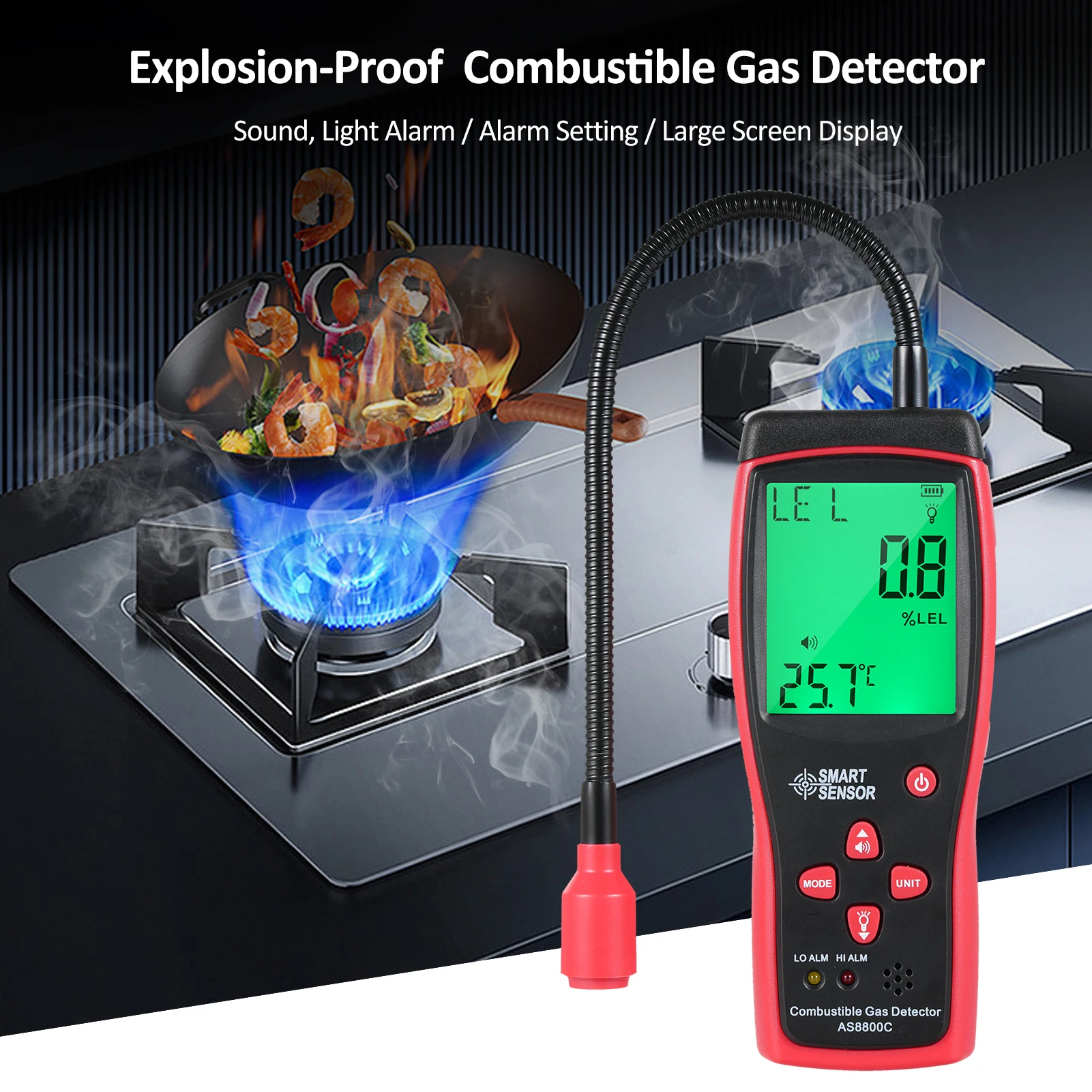 SMART SENSOR Handheld Combustible Gases Natural Gases Leak Detector with Temperature Test and Sound Light Alarm Function