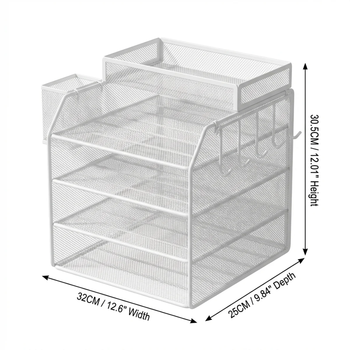 Multifunctional Desk Document Holder–4-Tier Vertical Storage with Side Hooks, Small Footprint, Rustproof&Easy Ventilation
