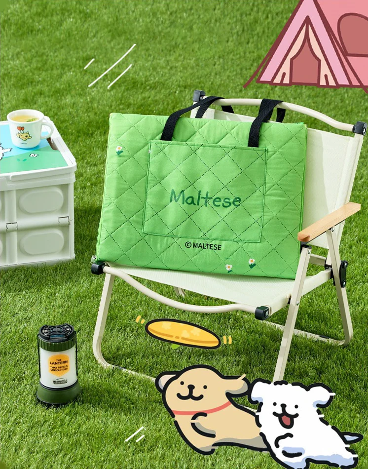 148x130cm New Green Cartoon Puppy Pattern Outdoor Picnic Mat Waterproof U-shaped Hand Strap Foldable Portable Lightweight
