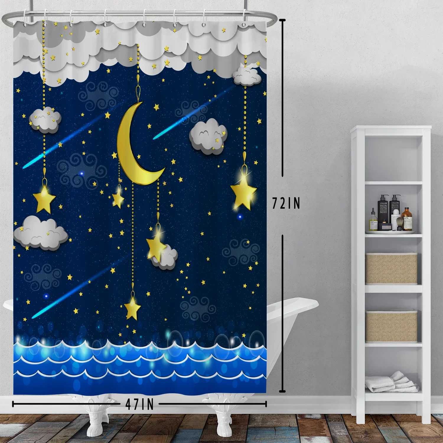 

Синяя занавеска для душа со звездным небом, лунные облака, декор для детской спальни, домашняя кухня, ванна, перегородка, водонепроницаемая подвесная занавеска с крючками