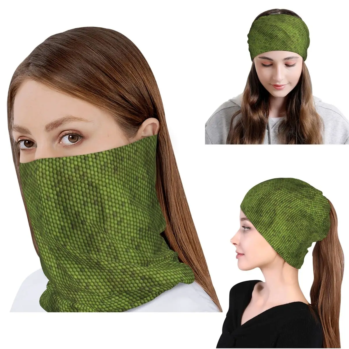 Grünes Bandana mit Eidechsenhautmuster-Design, Halstuch, Wickelmaske, Schal, Mehrzweck-Kopfbedeckung, Mütze, Unisex, für Erwachsene, waschbar