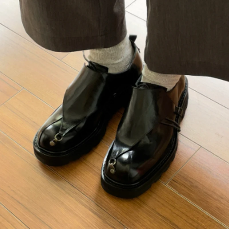 Men's Irregular Patchwork Glossy Leather Derby Shoes 2026 Black Thick Platform Height Increasing Oxfords Lace Up Dress Shoes