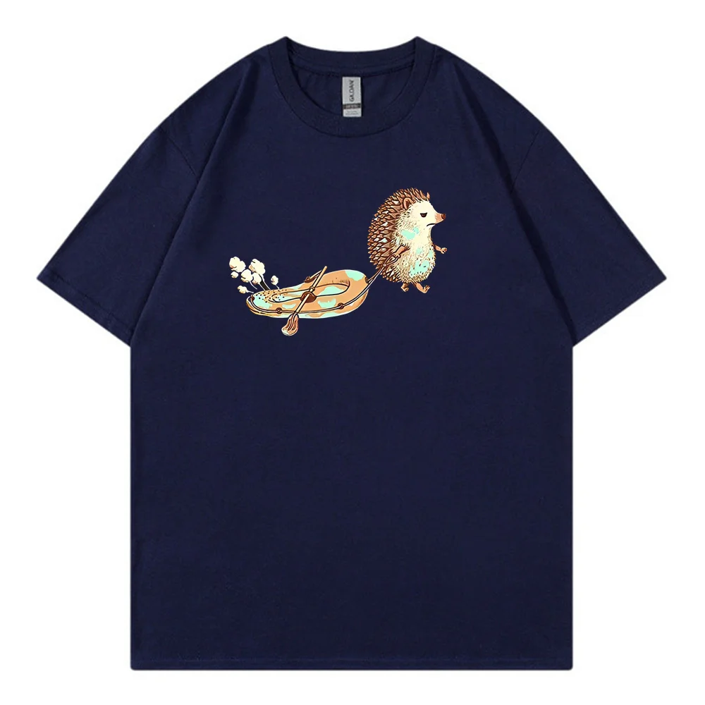 Pure cotton T-shirt 2024 Summer New Loose Fashion Brand Cute Little Hedgehog Printed Comfortable Short sleeved Men\'s T-shirt