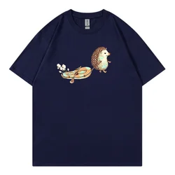 Pure cotton T-shirt 2024 Summer New Loose Fashion Brand Cute Little Hedgehog Printed Comfortable Short sleeved Men's T-shirt