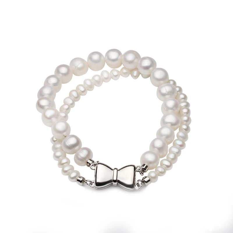 Wedding Multilayer Natural Freshwater Double Pearl Bracelet Women,White 925 Silver Pearl Jewelry Bracelet  Wife Anniversary Gift