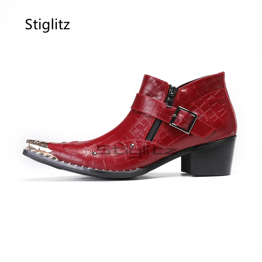 

Red Leather High Heels Men's Boots Metal Pointed Toe Patchwork High Quality Genuine Leather Ankle Boots Zip Party Wedding Shoes