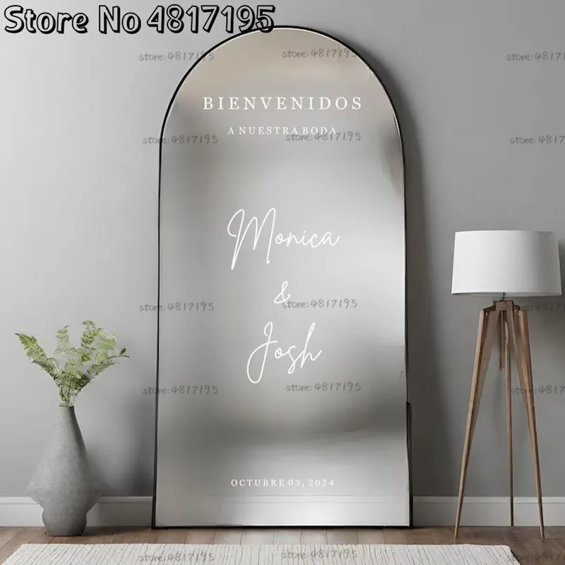 Pegatinas de Boda española Bienvenidos A Nuestra Boda espejo vinilo calcomanía nombre personalizado pegatina para boda signo de bienvenida personalizado