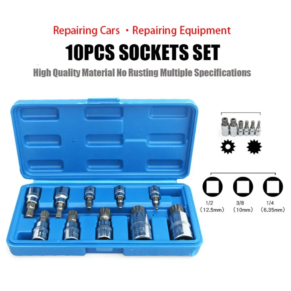 10 Pcs XZN 12 Point Triple Square Spline Bit Socket Set High Quality Professional Tamper Proof with Case Automotive Tool Kit