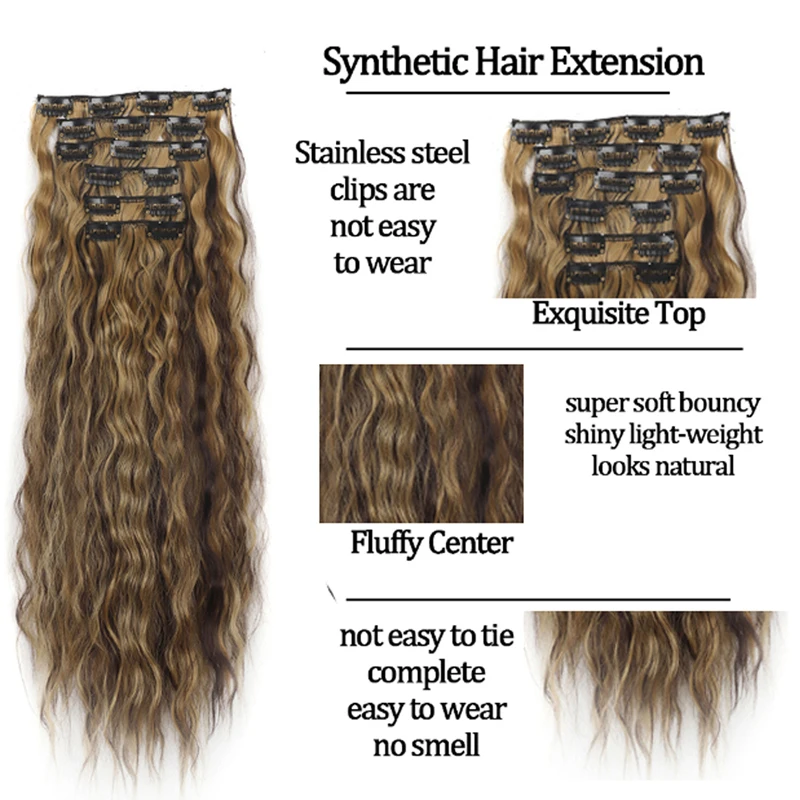 Synthetische Clip-in-Haarverlängerungen, 6-teiliges Set, verworrene lockige 24-Zoll-lange Clip-on-Haarteil-Stil für Frauen und Mädchen, tägliche Party – Detail 3