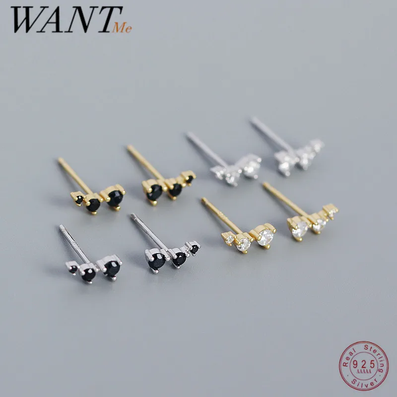 WANTME 925 Sterling Silver Simple Black Zircon Mini Small Stud Earrings for Women Fashion Chic Korean Ear Bone Piercing Jewelry