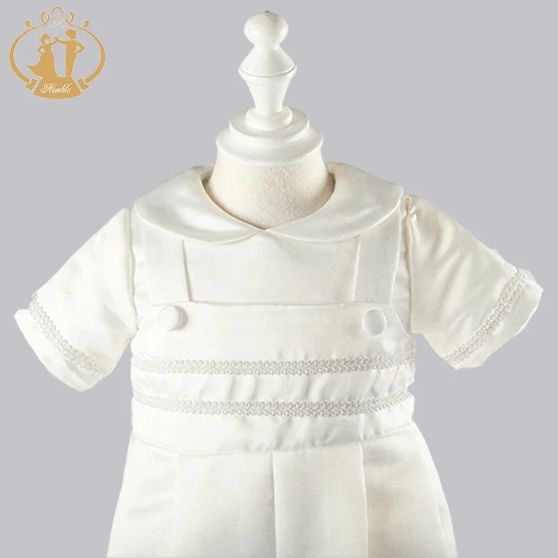 White Baby Boy Clothes Set Baptism Outfits Summer Solid Full Sleeve Bow Lace Christening Gown Newborn Gentleman Birthday