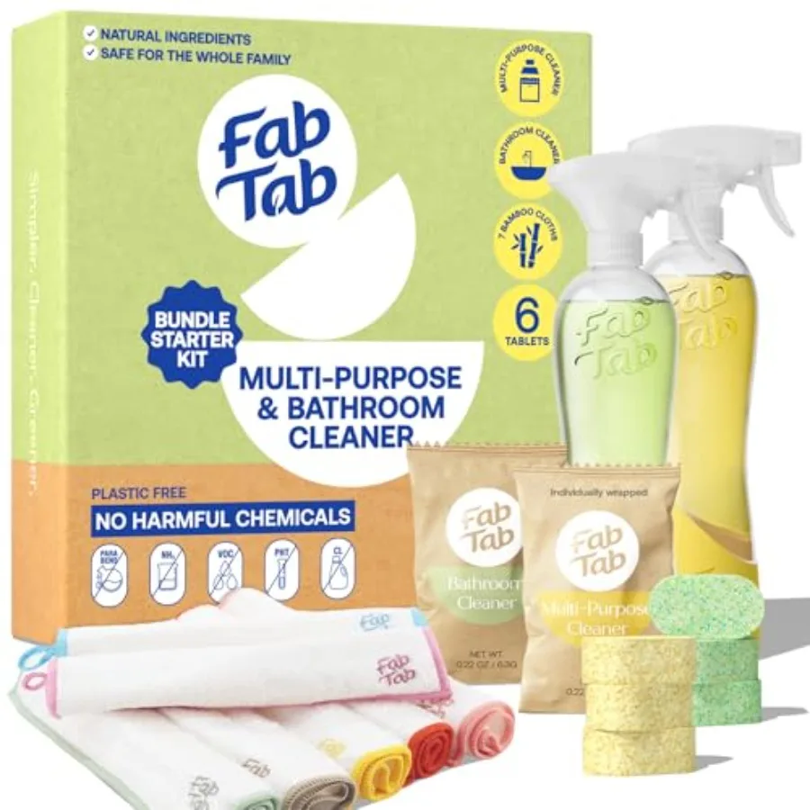 

Fab Tab Bathroom and All Purpose Cleaner Tablets Bundle With Bamboo Cleaning Cloths And Coconut Sponge - Bathroom + Multi-Purpo